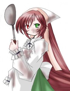Rating: Safe Score: 0 Tags: 1girl blush brown_hair dress green_eyes head_scarf heterochromia holding image long_hair long_sleeves looking_at_viewer red_eyes simple_background smile solo suiseiseki very_long_hair white_background User: admin