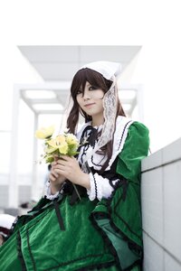 Rating: Safe Score: 0 Tags: 1girl blurry brown_hair depth_of_field dress flower green_dress head_scarf holding long_hair long_sleeves solo suiseiseki User: admin