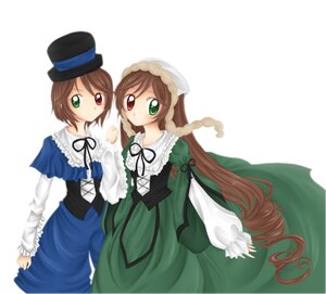 Rating: Safe Score: 0 Tags: 2girls blue_dress brown_hair dress frills green_dress green_eyes hat head_scarf heterochromia image long_hair long_sleeves looking_at_viewer multiple_girls pair red_eyes short_hair siblings sisters smile souseiseki suiseiseki top_hat twins very_long_hair white_background User: admin