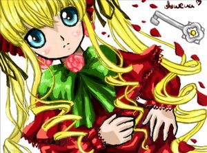 Rating: Safe Score: 0 Tags: 1girl blonde_hair blue_eyes bow bowtie dress drill_hair green_bow image long_hair long_sleeves looking_at_viewer marker_(medium) petals rose shinku sidelocks simple_background solo twin_drills twintails white_background User: admin