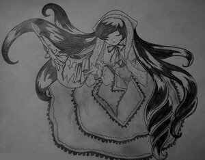 Rating: Safe Score: 0 Tags: 1girl closed_eyes dress frills full_body greyscale holding image long_hair long_sleeves monochrome solo suiseiseki traditional_media very_long_hair wide_sleeves User: admin