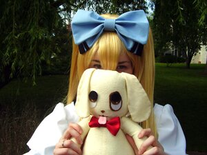 Rating: Safe Score: 0 Tags: 1girl blonde_hair blue_bow bow dress hair_bow jewelry long_hair realistic ring shinku solo stuffed_animal User: admin
