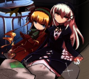 Rating: Safe Score: 0 Tags: 2girls blonde_hair blue_eyes bonnet bow bowtie dress drill_hair frills hairband image long_hair long_sleeves looking_at_viewer multiple_girls pair red_dress shinku sitting suigintou User: admin