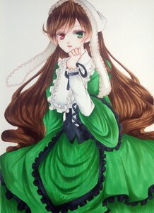 Rating: Safe Score: 0 Tags: 1girl brown_hair dress frills green_dress green_eyes heterochromia image long_hair long_sleeves looking_at_viewer red_eyes solo suiseiseki traditional_media very_long_hair User: admin