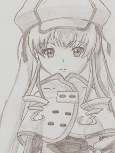 Rating: Safe Score: 0 Tags: 1girl hat image long_hair looking_at_viewer monochrome shinku solo traditional_media upper_body User: admin