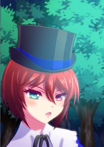 Rating: Safe Score: 0 Tags: 1girl blue_headwear bush day hat heterochromia image looking_at_viewer open_mouth outdoors portrait red_hair ribbon short_hair solo souseiseki top_hat tree User: admin
