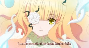 Rating: Safe Score: 0 Tags: 1girl bangs blonde_hair blurry blurry_foreground depth_of_field dress eyepatch flower image kirakishou long_hair looking_at_viewer rose smile solo white_flower white_rose yellow_eyes User: admin