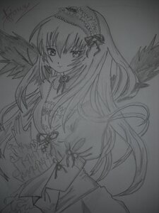 Rating: Safe Score: 0 Tags: 1girl breasts closed_mouth dress eyebrows_visible_through_hair feathered_wings frills greyscale hairband image long_hair long_sleeves looking_at_viewer monochrome rose simple_background smile solo suigintou traditional_media very_long_hair wings User: admin