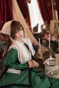 Rating: Safe Score: 0 Tags: 1girl blurry brown_hair curtains dress flower green_dress head_scarf instrument lace lips long_hair long_sleeves rose sitting solo suiseiseki User: admin