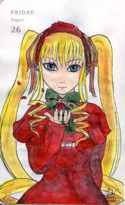 Rating: Safe Score: 0 Tags: 1girl blonde_hair blue_eyes dated drill_hair flower green_bow image long_hair long_sleeves looking_at_viewer marker_(medium) red_dress shinku sidelocks signature simple_background solo traditional_media twintails upper_body very_long_hair User: admin