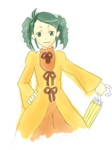 Rating: Safe Score: 0 Tags: 1girl ahoge closed_umbrella cowboy_shot dress drill_hair green_eyes green_hair image kanaria long_sleeves looking_at_viewer neck_ribbon ribbon simple_background smile solo standing twin_drills white_background yellow_dress User: admin