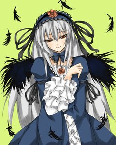 Rating: Safe Score: 0 Tags: 1girl black_dress black_wings brooch commentary_request dress feathers flower frilled_sleeves frills gem hairband image jewelry lolita_hairband long_hair long_sleeves looking_at_viewer pink_eyes rose rozen_maiden shingetsu_takehito silver_hair simple_background smile solo suigintou very_long_hair wings yellow_background User: admin