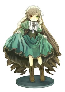 Rating: Safe Score: 0 Tags: 1girl boots brown_hair dress frills full_body green_dress green_eyes heterochromia image long_hair long_sleeves ribbon skirt_hold solo standing suiseiseki very_long_hair white_background User: admin