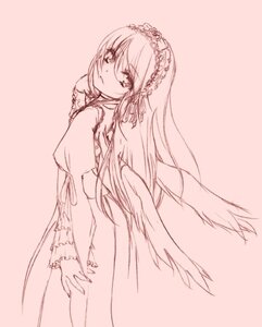 Rating: Safe Score: 0 Tags: 1girl dress frills hairband image lolita_hairband long_hair long_sleeves looking_at_viewer looking_back monochrome pink_theme simple_background solo suigintou very_long_hair wings User: admin