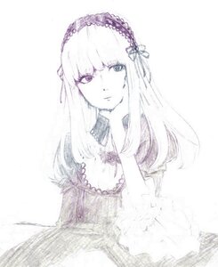 Rating: Safe Score: 0 Tags: 1girl bangs dress flower frills hairband image long_hair long_sleeves looking_at_viewer monochrome ribbon rose simple_background smile solo suigintou white_background User: admin