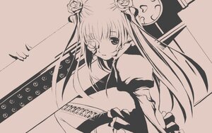 Rating: Safe Score: 0 Tags: 1girl dress flower hair_flower hair_ornament image kirakishou long_hair long_sleeves monochrome one_eye_closed rose solo two_side_up upper_body User: admin