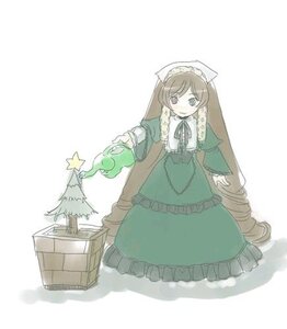 Rating: Safe Score: 0 Tags: 1girl brown_hair dress drill_hair frills green_dress green_eyes holding image long_hair long_sleeves ribbon simple_background solo standing star_(symbol) suiseiseki twin_drills very_long_hair watering_can white_background User: admin