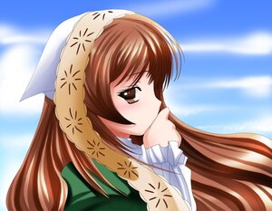 Rating: Safe Score: 0 Tags: 1girl blue_sky blush brown_eyes brown_hair cloud covering_mouth day dress frills from_side hat image long_hair long_sleeves looking_at_viewer looking_to_the_side namamo_nanase ocean outdoors rozen_maiden sky solo suiseiseki upper_body very_long_hair User: admin