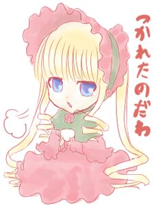 Rating: Safe Score: 0 Tags: 1girl blonde_hair blue_eyes bonnet bow bowtie chibi cup dress flower full_body image long_hair long_sleeves looking_at_viewer open_mouth pink_rose rose shinku simple_background solo striped very_long_hair white_background User: admin