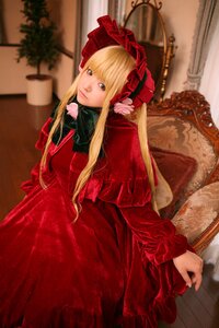 Rating: Safe Score: 0 Tags: 1girl blonde_hair blue_eyes blurry bonnet curtains depth_of_field dress flower frills indoors long_hair long_sleeves looking_at_viewer red_dress shinku sitting solo User: admin