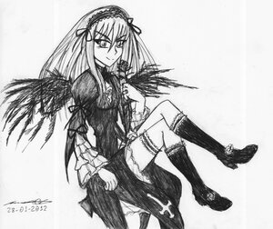 Rating: Safe Score: 0 Tags: 1girl black_wings boots dress feathered_wings frills greyscale hairband image knee_boots long_hair long_sleeves looking_at_viewer monochrome signature sitting smile solo suigintou traditional_media wings User: admin