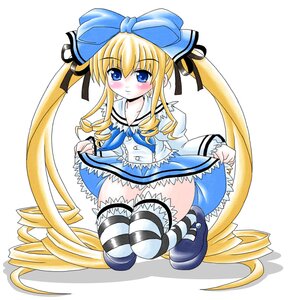 Rating: Safe Score: 0 Tags: 1girl blonde_hair blue_eyes blush bow dress frills full_body hair_ribbon image long_hair long_sleeves ribbon shinku shoes solo striped striped_legwear thighhighs twintails very_long_hair User: admin