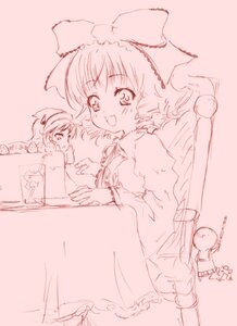 Rating: Safe Score: 0 Tags: 2girls :d bow hakurei_reimu hat hinaichigo image long_sleeves monochrome multiple_girls open_mouth pink_theme sketch smile solo User: admin