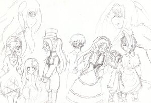 Rating: Safe Score: 0 Tags: 6+girls hair_ornament image long_hair long_sleeves looking_at_viewer monochrome multiple multiple_girls sketch smile tagme User: admin