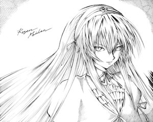 Rating: Safe Score: 0 Tags: 1girl closed_mouth dress greyscale hairband image long_hair looking_at_viewer monochrome ribbon solo suigintou upper_body white_background User: admin