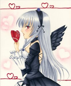 Rating: Safe Score: 0 Tags: 1girl black_wings blush box chocolate chocolate_heart dress flower frills gift hairband heart heart-shaped_box heart_background heart_of_string holding_gift image long_hair long_sleeves marker_(medium) red_eyes rose silver_hair solo spoken_heart suigintou traditional_media valentine wings User: admin