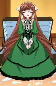 Rating: Safe Score: 0 Tags: 1girl :d brown_hair closed_eyes dress frills green_dress head_scarf image long_hair long_sleeves open_mouth ribbon smile solo sparkle suiseiseki v_arms very_long_hair User: admin