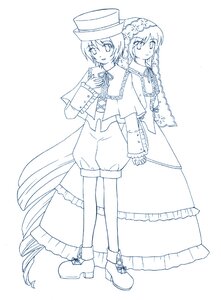 Rating: Safe Score: 0 Tags: 2girls boots capelet dress flower frills full_body hat image lineart long_hair long_sleeves monochrome multiple_girls pair short_hair siblings smile souseiseki standing suiseiseki User: admin