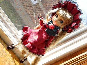 Rating: Safe Score: 0 Tags: 1girl bangs blonde_hair blue_eyes bonnet bow doll dress flower long_hair long_sleeves looking_at_viewer red_dress rose shinku solo standing User: admin