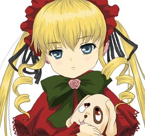 Rating: Safe Score: 0 Tags: 1girl blonde_hair blue_eyes blush bonnet bow bowtie dress drill_hair green_bow image long_hair long_sleeves looking_at_viewer pink_bow rose shinku simple_background solo twin_drills upper_body white_background User: admin