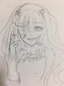 Rating: Safe Score: 0 Tags: 1girl flower hair_flower hair_ornament image kirakishou long_hair looking_at_viewer monochrome smile solo tongue tongue_out traditional_media User: admin