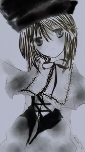 Rating: Safe Score: 0 Tags: 1girl bangs blush capelet closed_mouth eyebrows_visible_through_hair grey_background greyscale hariruri hat image long_sleeves looking_at_viewer monochrome ribbon short_hair simple_background solo souseiseki upper_body User: admin