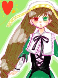 Rating: Safe Score: 0 Tags: 1girl :o auto_tagged bangs brown_hair dress green_background green_eyes heart image long_hair long_sleeves looking_at_viewer red_eyes ribbon simple_background solo suiseiseki User: admin