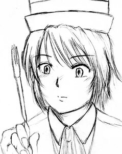 Rating: Safe Score: 0 Tags: 1girl eyebrows_visible_through_hair greyscale hat image looking_at_viewer monochrome necktie short_hair simple_background sketch solo souseiseki white_background User: admin