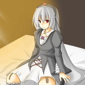 Rating: Safe Score: 0 Tags: 1girl bandaid bandaid_on_knee doll_joints dress flower hairband image joints leg_garter long_hair long_sleeves red_eyes silver_hair sitting solo suigintou User: admin