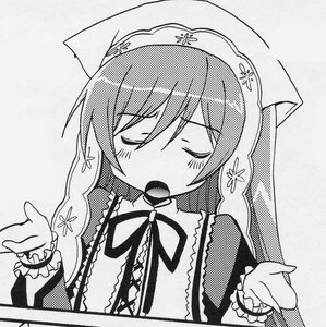 Rating: Safe Score: 0 Tags: 1girl blush closed_eyes dress frills greyscale head_scarf image long_hair long_sleeves monochrome music open_mouth ribbon solo suiseiseki User: admin