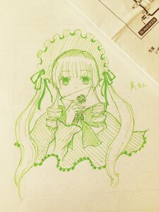 Rating: Safe Score: 0 Tags: 1girl bangs dress eyebrows_visible_through_hair flower frills hair_ribbon image long_hair long_sleeves looking_at_viewer monochrome photo ribbon rose shinku simple_background solo traditional_media twintails upper_body very_long_hair User: admin