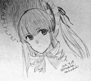 Rating: Safe Score: 0 Tags: 1girl bangs closed_mouth dated drill_hair eyebrows_visible_through_hair flower greyscale hair_flower hair_ornament hair_ribbon image long_hair looking_at_viewer monochrome portrait ribbon shinku solo traditional_media User: admin