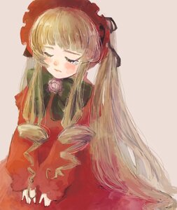 Rating: Safe Score: 0 Tags: 1girl blonde_hair blush bonnet bow dress flower image long_hair long_sleeves pink_rose red_dress rose shinku simple_background solo tears very_long_hair User: admin