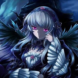 Rating: Safe Score: 0 Tags: 1girl black_wings dress flower frills hairband image long_hair long_sleeves looking_at_viewer night pink_eyes rose silver_hair smile solo suigintou wings User: admin