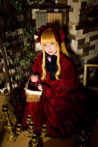 Rating: Safe Score: 0 Tags: 1girl bangs blonde_hair blue_eyes bonnet bow dress flower frills long_hair looking_at_viewer red_dress rose shinku solo User: admin