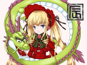 Rating: Safe Score: 0 Tags: 1girl blonde_hair blue_eyes bonnet bow bowtie dress drill_hair flower frills green_bow image long_hair looking_at_viewer red_dress rose shinku sidelocks solo teeth twintails User: admin