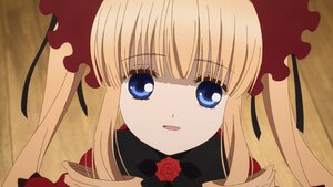 Rating: Safe Score: 0 Tags: 1girl bangs blonde_hair blue_eyes bow bowtie face flower hair_ribbon image long_hair looking_at_viewer open_mouth red_rose ribbon rose shinku sidelocks smile solo twintails User: admin