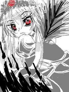 Rating: Safe Score: 0 Tags: 1girl food greyscale image long_hair looking_at_viewer monochrome red_eyes solo spot_color suigintou User: admin