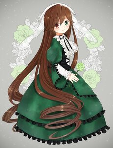 Rating: Safe Score: 0 Tags: 1girl brown_hair dress flower frills green_dress green_eyes heterochromia image long_hair long_sleeves looking_at_viewer red_eyes ribbon rose smile solo suiseiseki very_long_hair User: admin