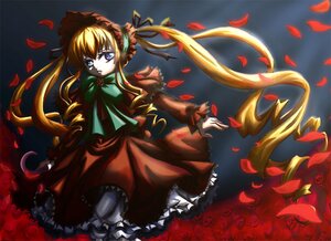 Rating: Safe Score: 0 Tags: 1girl blonde_hair blue_eyes bonnet bow bowtie dress flower green_bow image long_hair long_sleeves petals red_dress red_flower red_rose rose rose_petals shinku solo twintails very_long_hair User: admin